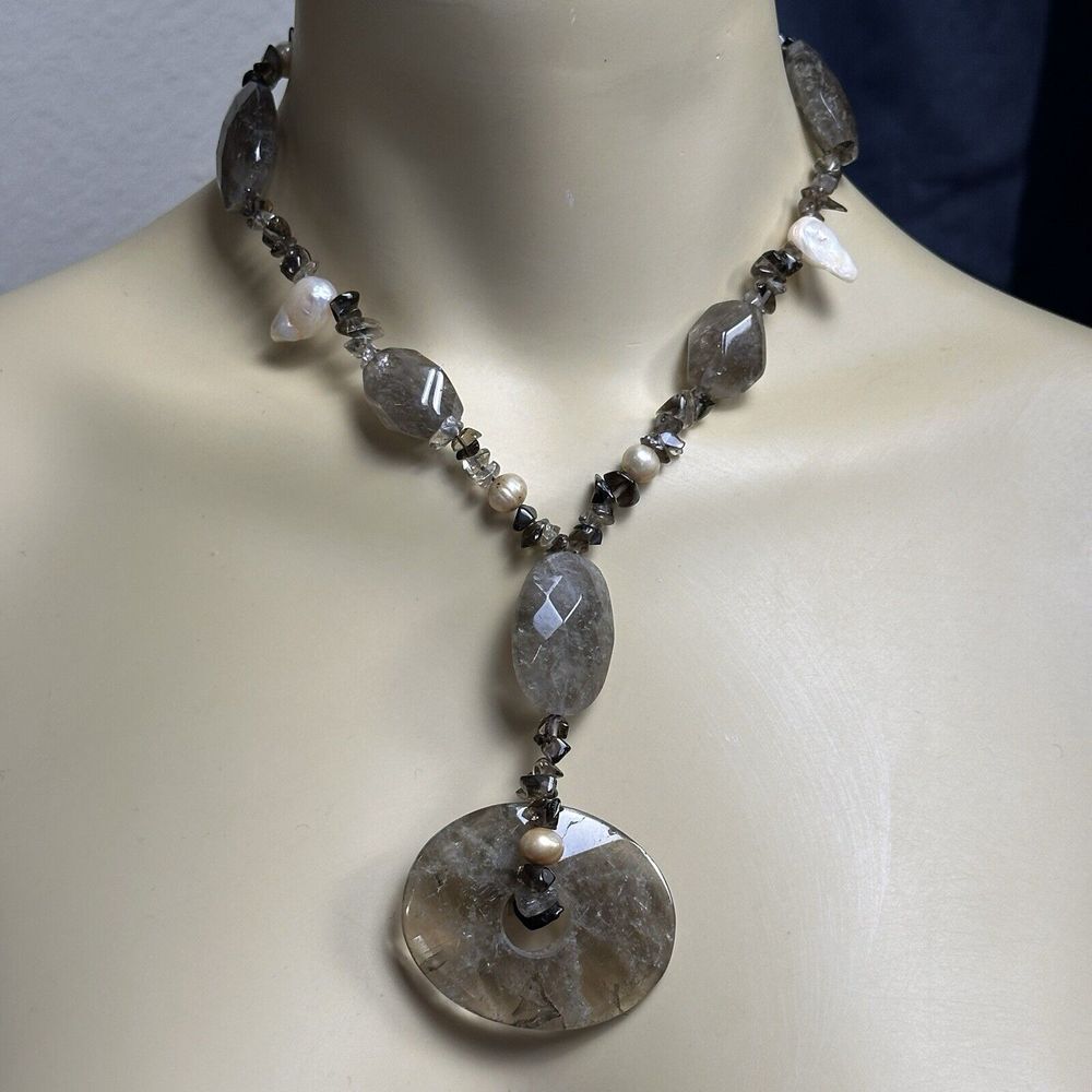 VTG Natural Smoky Quartz Statement Necklace 15 Inch Baroque Cultured Pearls READ